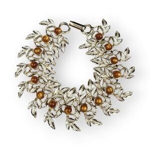 Vintage Judy Lee Leaf Bracelet Enamel Link Chain Moonglow Lucite Gold Plated 7"